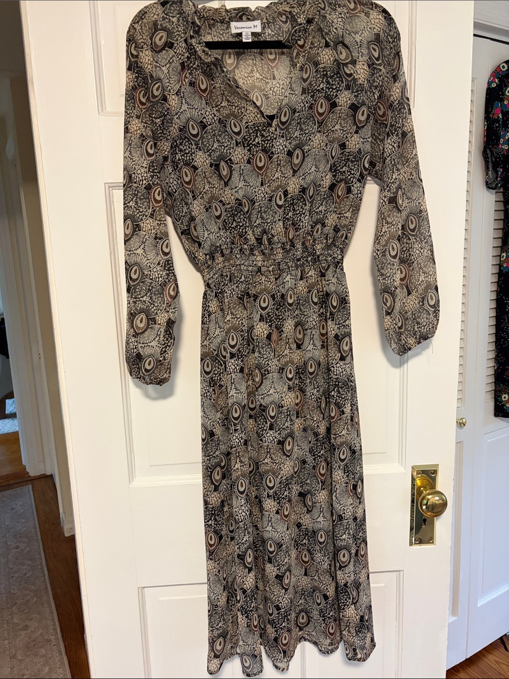Veronica M Black, Cream & Taupe Printed Midi Dress. size xs